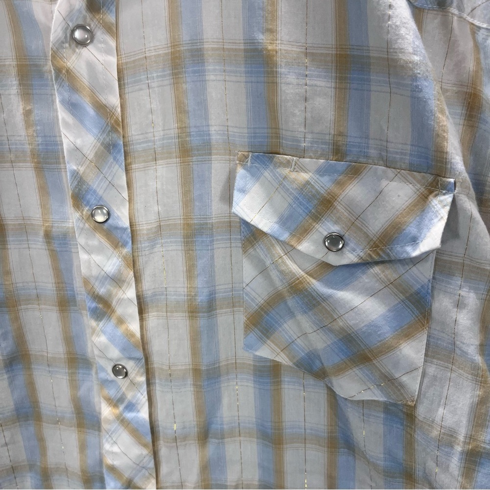Roper Western Cowboy Button Down Shirt Mens 3XL Tan Blue Plaid Shimmer 2744 - Picture 2 of 8